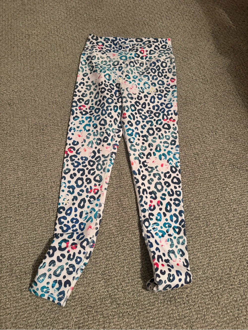 Sol Angeles White Leopard Leggings with Pink & Teal Accents